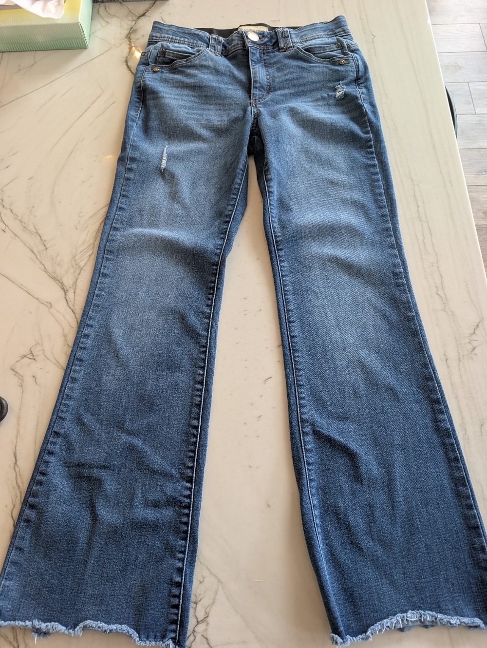Democracy Women's Blue Flare Jeans with Distressed Hem